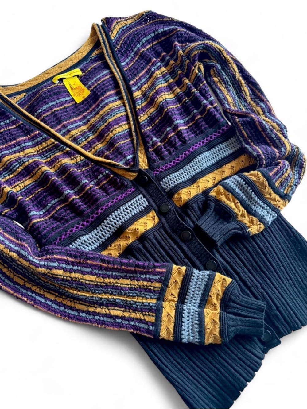 Catherine Malandrino Purple Yellow Black & Grey Striped V-Neck Button Cardigan